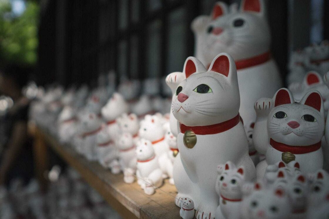 photo of many maneki neko cats at gotokuji temple near tokyo