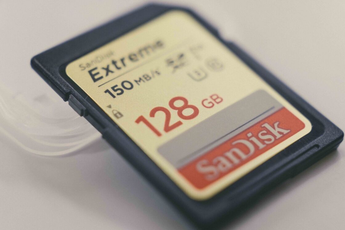 image of a gold sd card up close