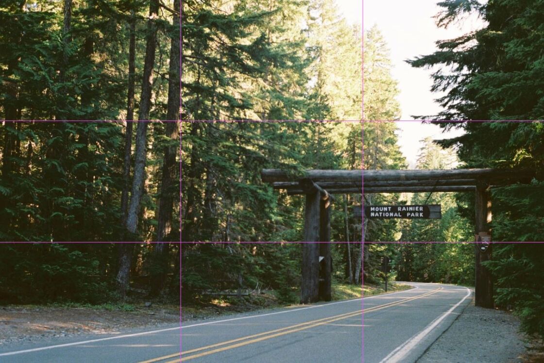 image of entrance to mount rainier national park with rule of third grid line
